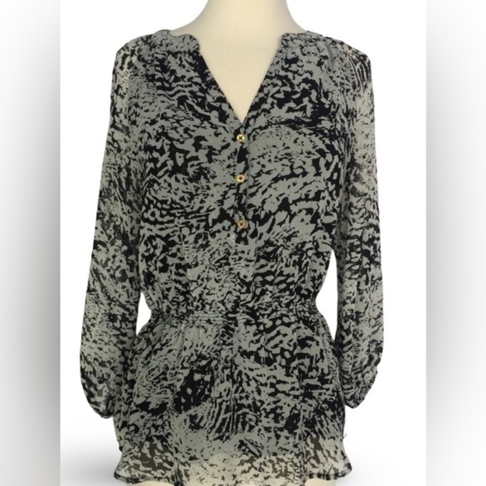 CALVIN KLEIN ๐SMALL๐BLACK & GREY LONG SLEEVED CHIFFON V NECK PEPLUM BLOUSE - Picture 2 of 15